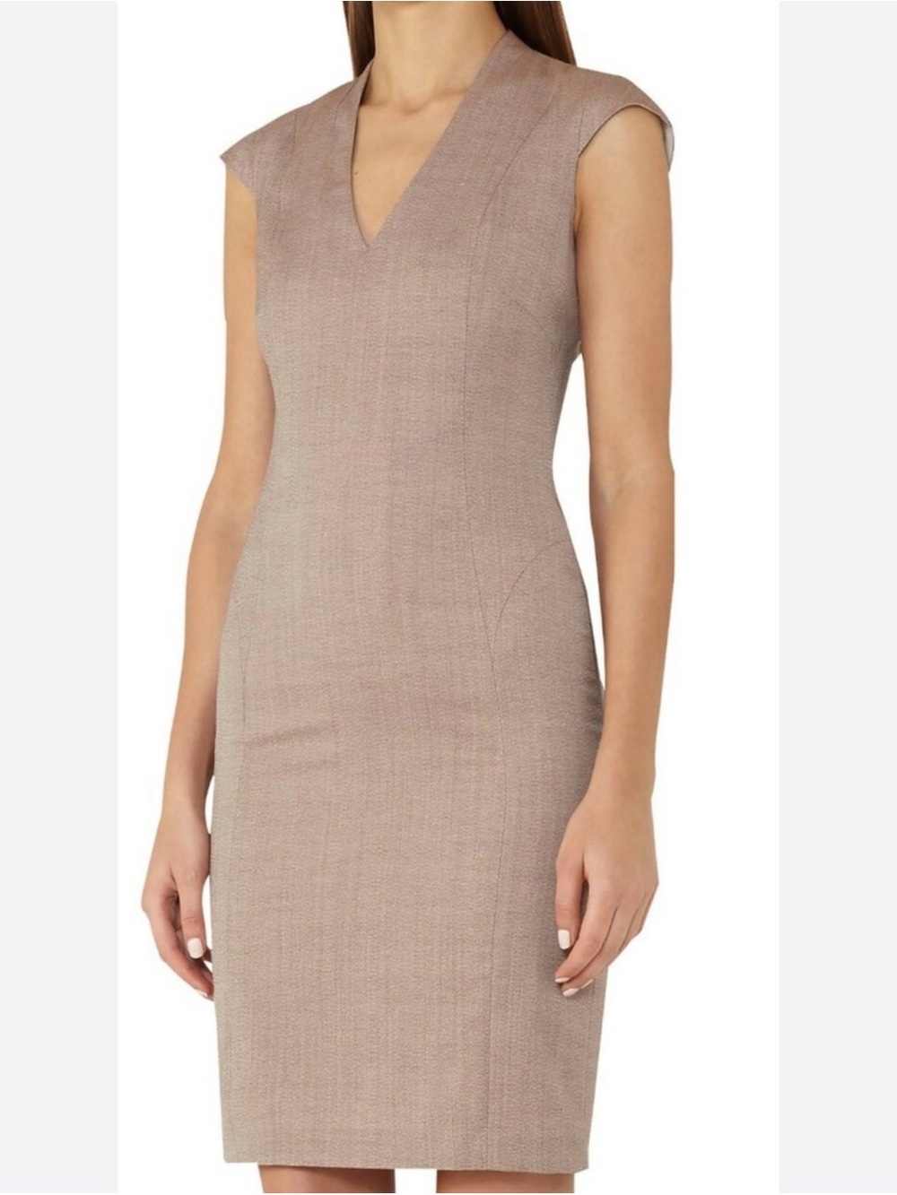 REISS classic cap sleeves V- neck midi Sheath Dress in Blush taupe